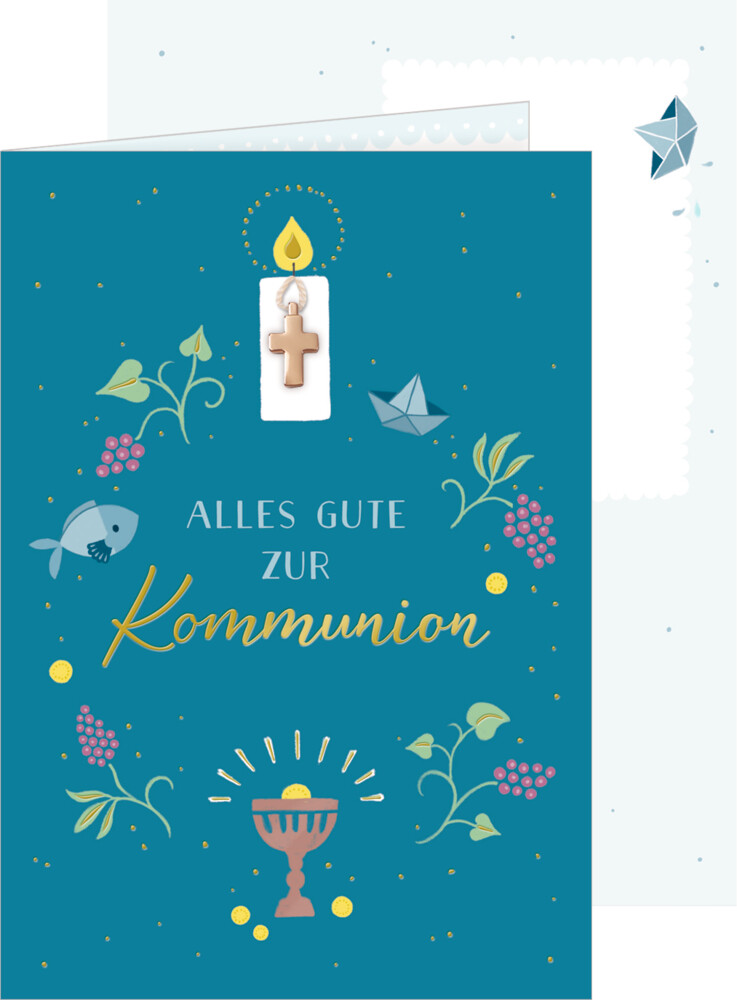 Image of Coppenrath Verlag - Grußkarte Alles Gute zur Kommunion petrol mit Kreuz-Anhänger