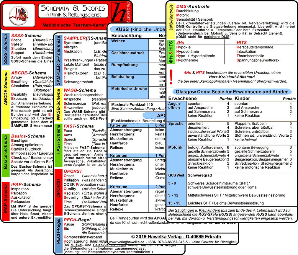 Schemata & Scores in Klinik & Rettungsdienst (2 Karten Set) - SSSS-Schema ABCDE-Schema Basics-Schema IPAP-Schema SAMPLER(!)S WASB FAST OPQRST PECH-Regel DMS 4Hs HITS GCS KUSS APGAR