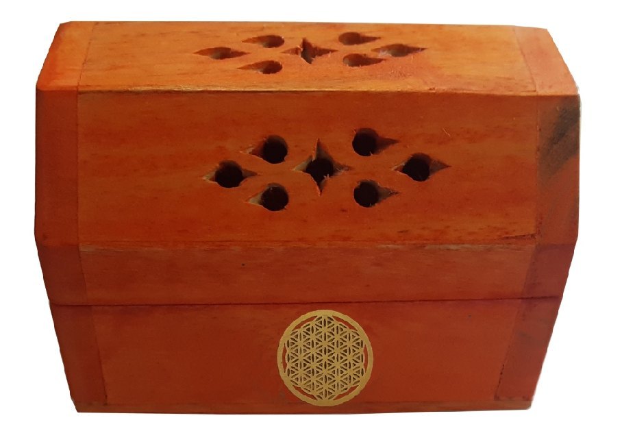 Räucherkegelhalter India Truhe 'Blume des Lebens' Holz orange 9 x 6 cm