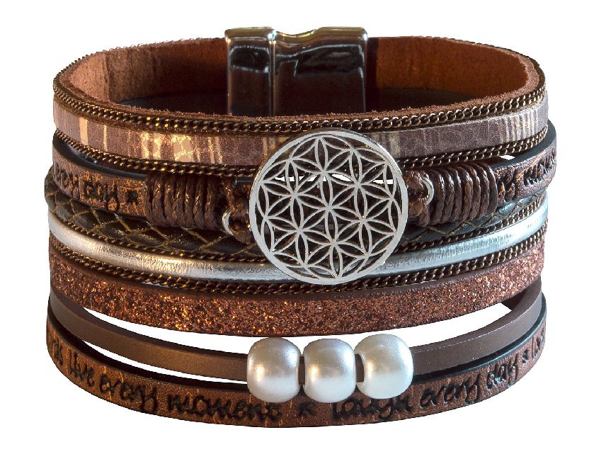 Armband 'Blume des Lebens' Kunstleder braun Metall silberfarben