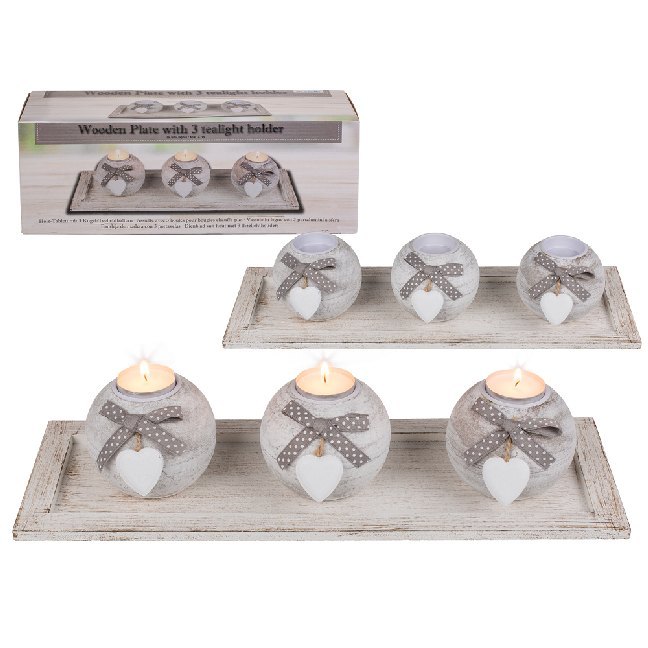 Holz-Tablett weiß und naturfarben mit 3 Kugel-Teelichthaltern
