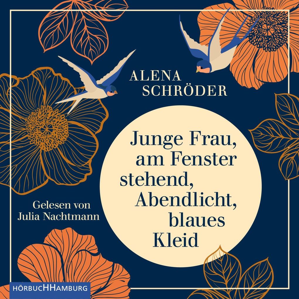 Junge Frau am Fenster stehend Abendlicht blaues Kleid