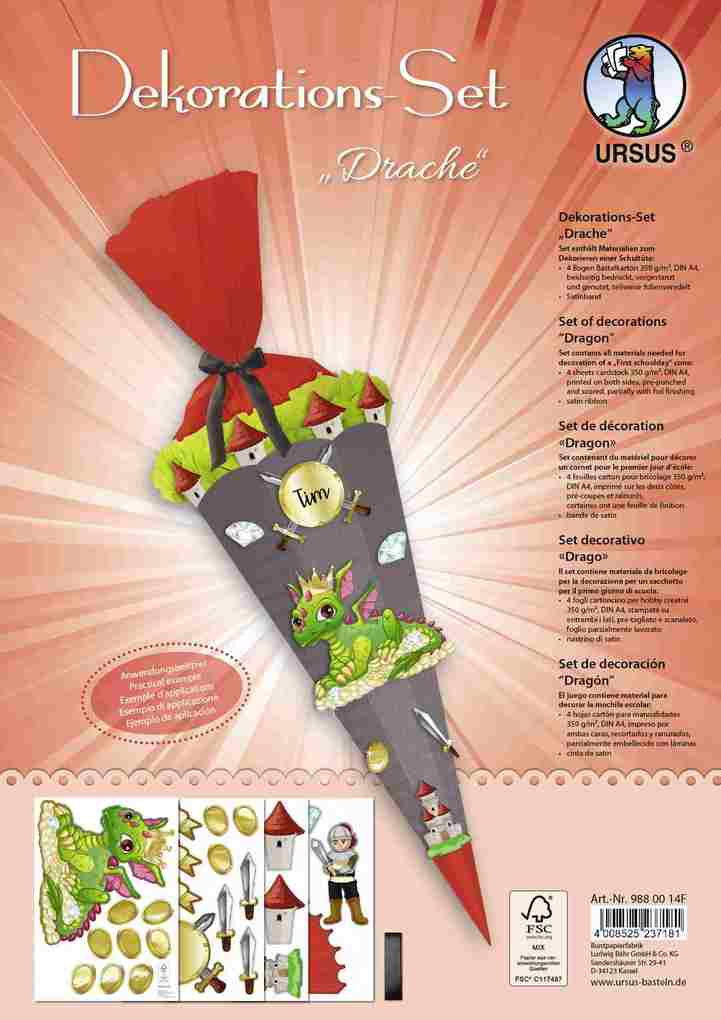 URSUS Dekorationssets Dekorations-Set Drache 4 Bogen Bastelkarton