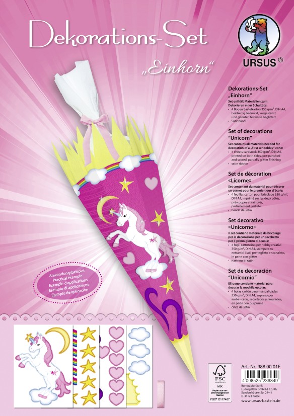 URSUS Dekorationssets Dekorations-Set Einhorn 4 Bogen Bastelkarton