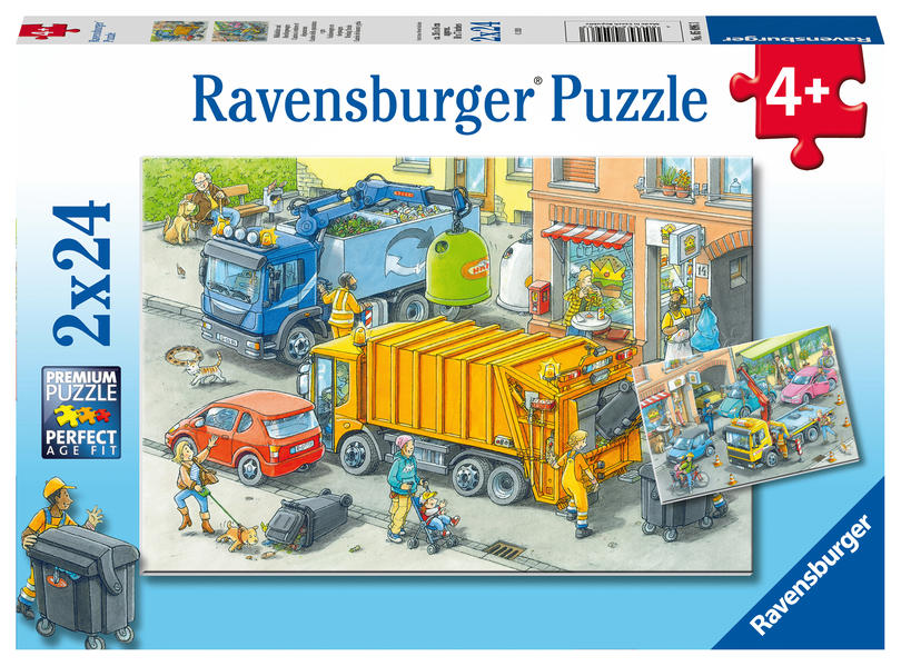Ravensburger Kinderpuzzle - 05096 Müllabfuhr und Abschleppwagen - Puzzle für Kinder ab 4 Jahren mit 2x24 Teilen