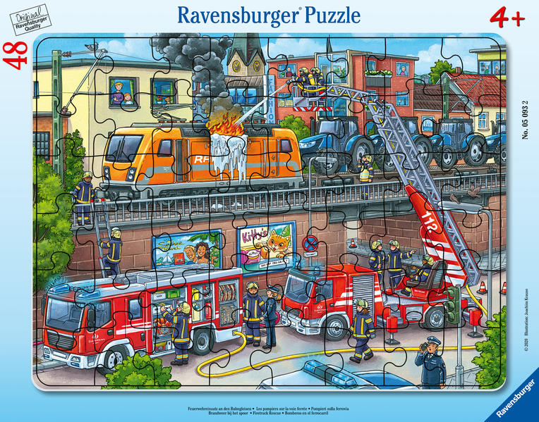 Ravensburger Kinderpuzzle - 05093 Feuerwehreinsatz an den Bahngleisen - Rahmenpuzzle für Kinder ab 4 Jahren mit 48 Teilen