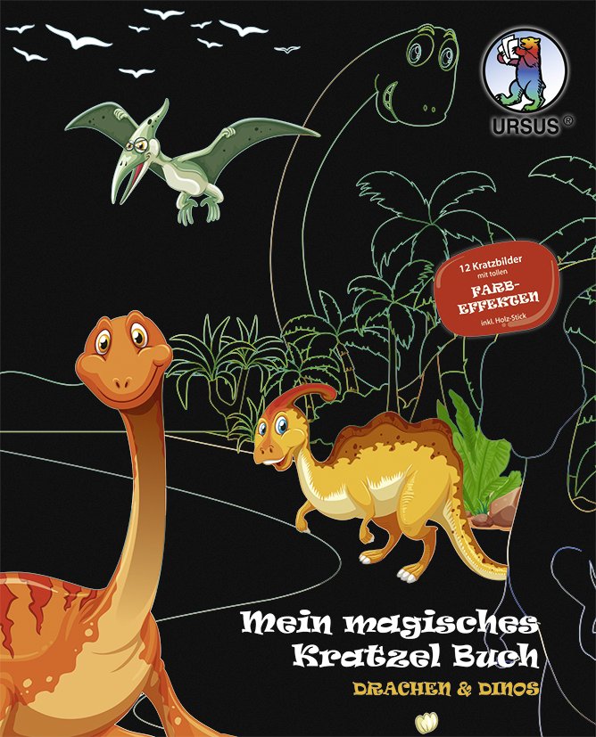 URSUS Kinder-Bastelsets Magisches Kratzel-Buch Drachen & Dinos