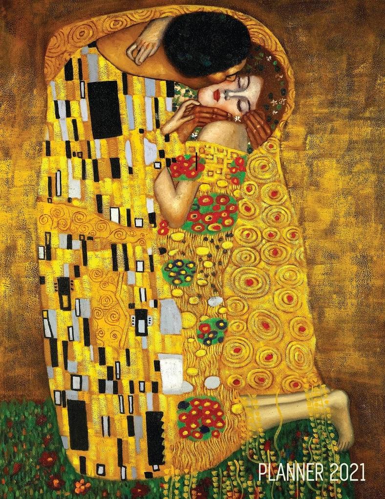 Gustav Klimt Planner 2021: The Kiss Daily Organizer (12 Months) Romantic Gold Art Nouveau / Jugendstil Painting For Family Use Office Work Meet