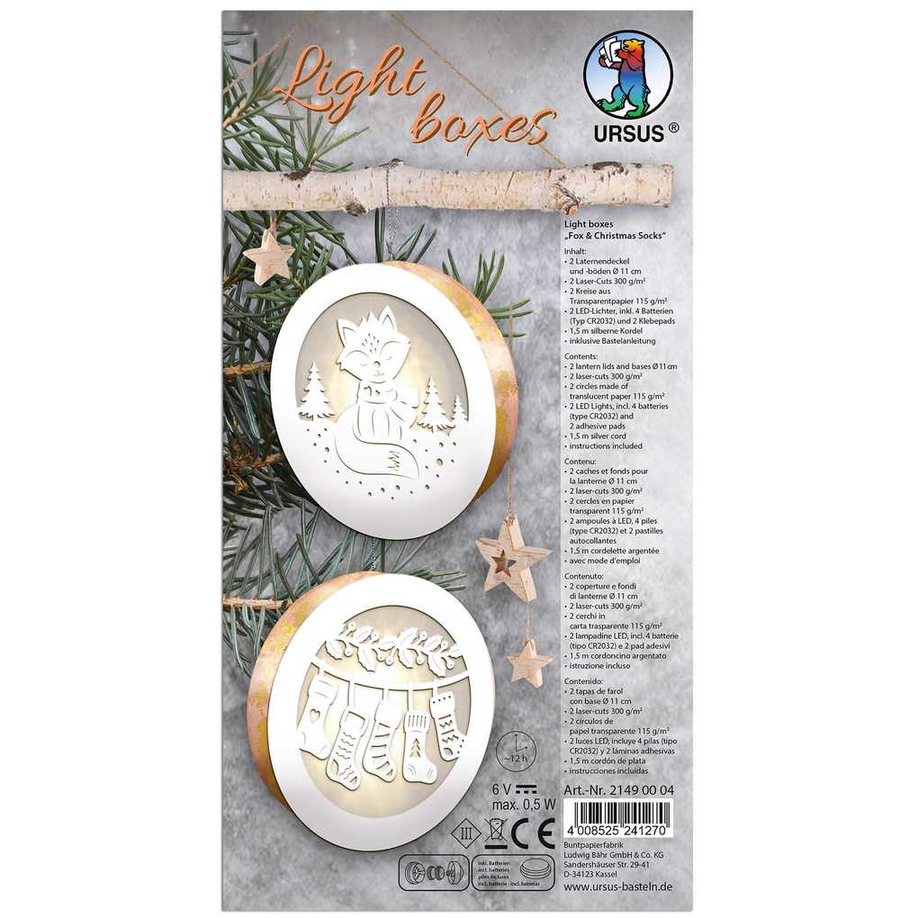 URSUS Dekorationsartikel Light Boxes Fox & Christmas Socks