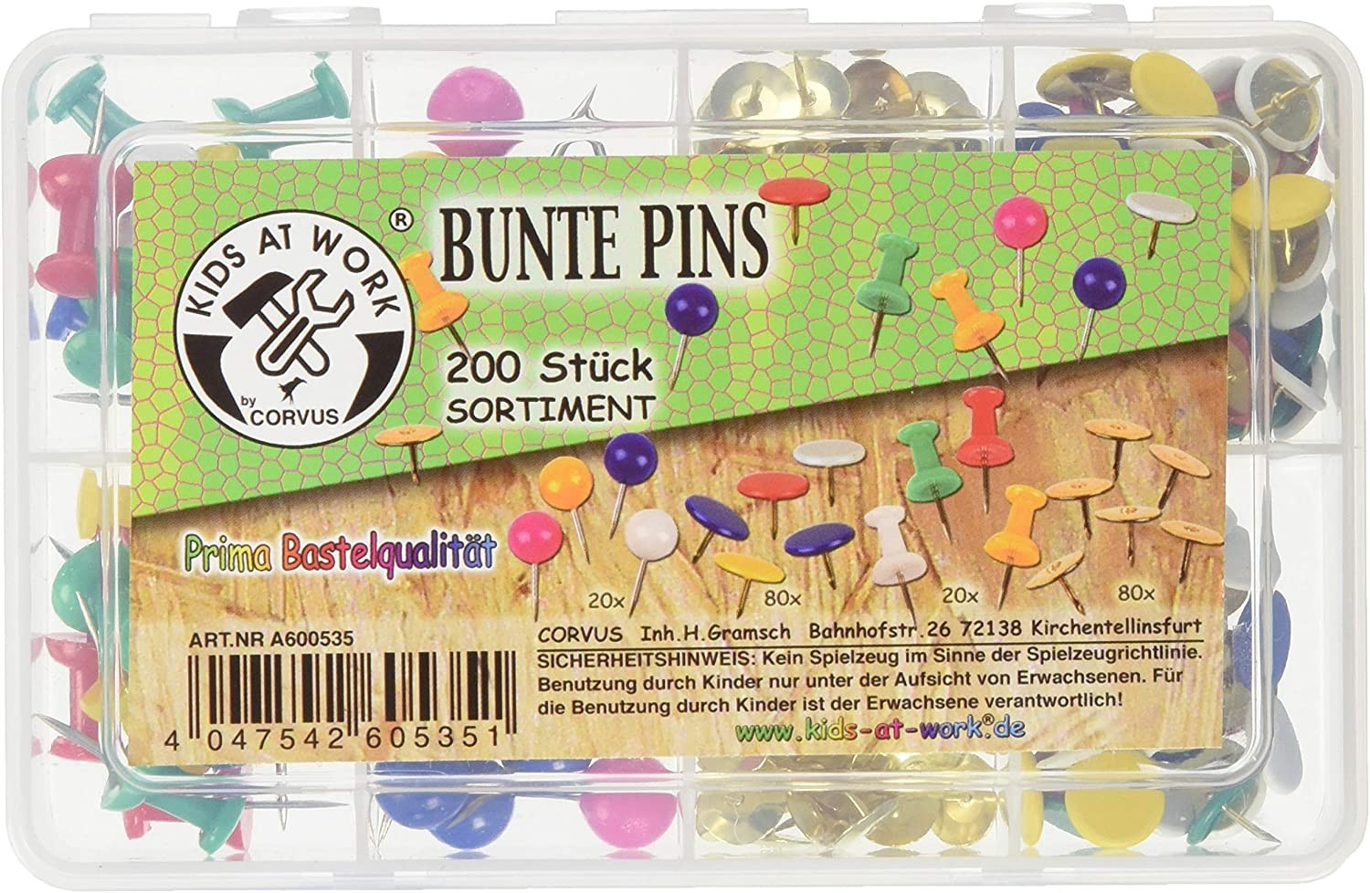 Corvus 600535 - Bunte Pins für Pinwand Pinbox 200 Stück