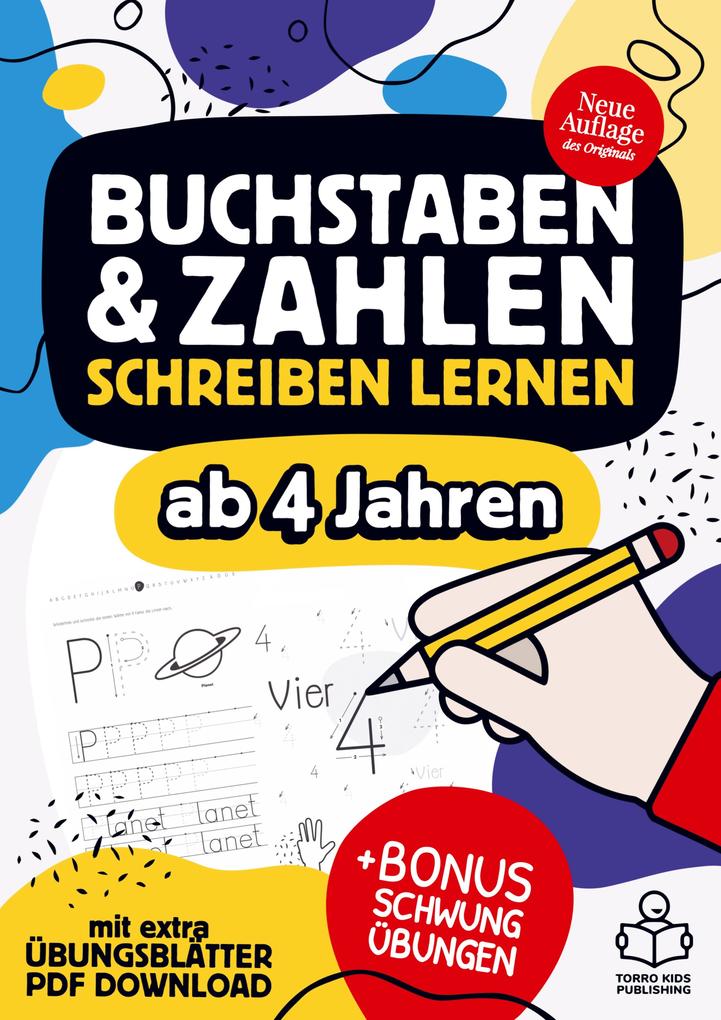 Image of Buchstaben und Zahlen schreiben lernen ab 4 Jahren - mit Bonus Schwungübungen und extra Übungsblätter als PDF Download.