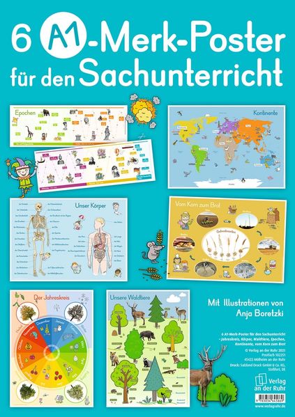 6 A1-Merk-Poster für den Sachunterricht Jahreskreis Körper Waldtiere Epochen Kontinente vom Korn zum Brot