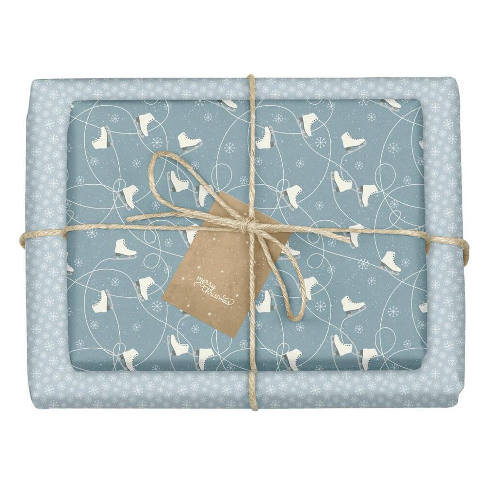 Geschenkpapier Set Weihnachten: Schlittschuhe (blau) für Kinder und Erwachsene