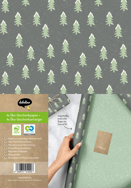Geschenkpapier Set Weihnachten: Tannenbaum mit Schnee (grün schwarz) für Kinder und Erwachsene