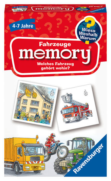 Ravensburger 20647 - Fahrzeuge memory® Wieso? Weshalb? Warum? der Spieleklassiker für 2-8 Spieler Kinderspiel für alle Fahrzeug-Fans ab 4 bis 7 Jahren