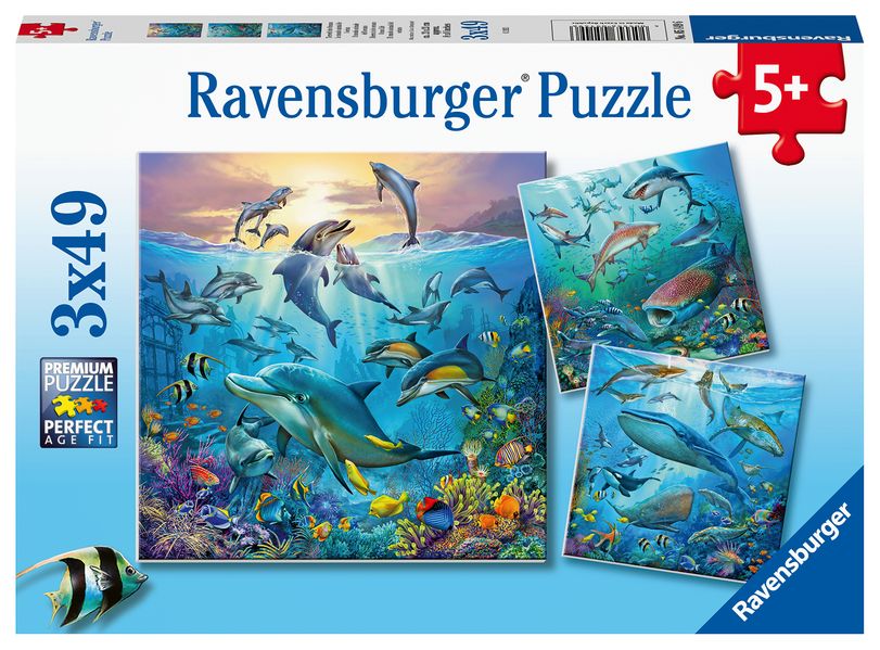 Ravensburger Kinderpuzzle - 05149 Tierwelt des Ozeans - Puzzle für Kinder ab 5 Jahren mit 3x49 Teilen