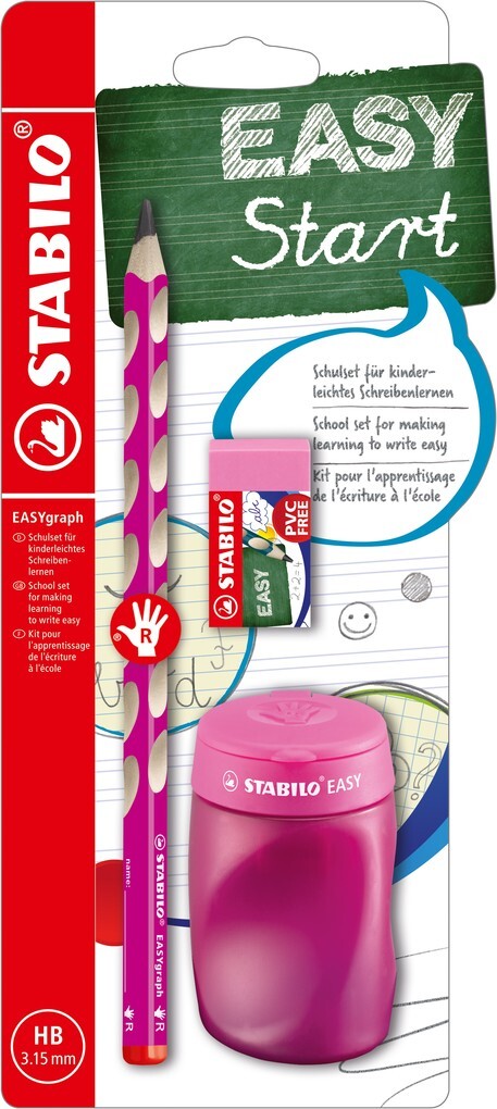 STABILO EASYgraph Schul-Set Spitzer+Radierer+Bleistift für Rechtshänder