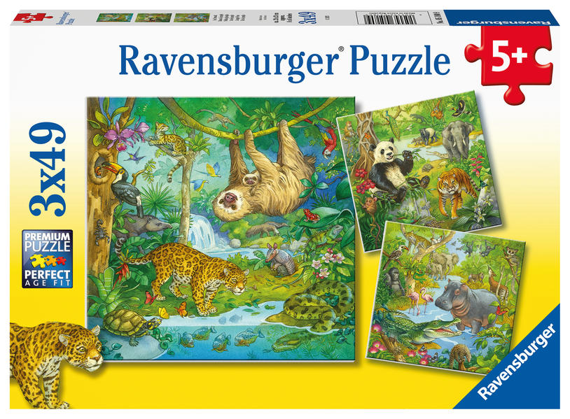 Ravensburger Kinderpuzzle 05180 - Im Urwald - 3x49 Teile Puzzle für Kinder ab 5 Jahren