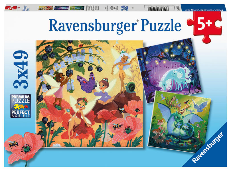 Ravensburger Kinderpuzzle 05181 - Einhorn Drache und Fee - 3x49 Teile Puzzle für Kinder ab 5 Jahren