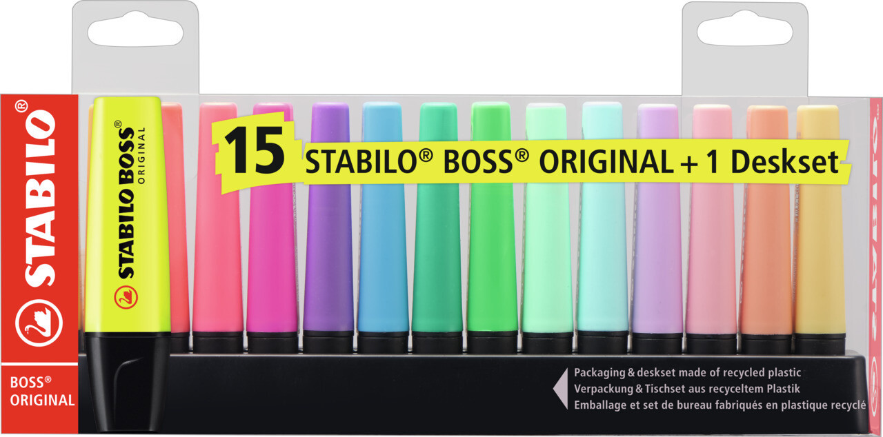 STABILO Textmarker BOSS ORIGINAL 15er Set Leuchtfarben + Pastellfarben