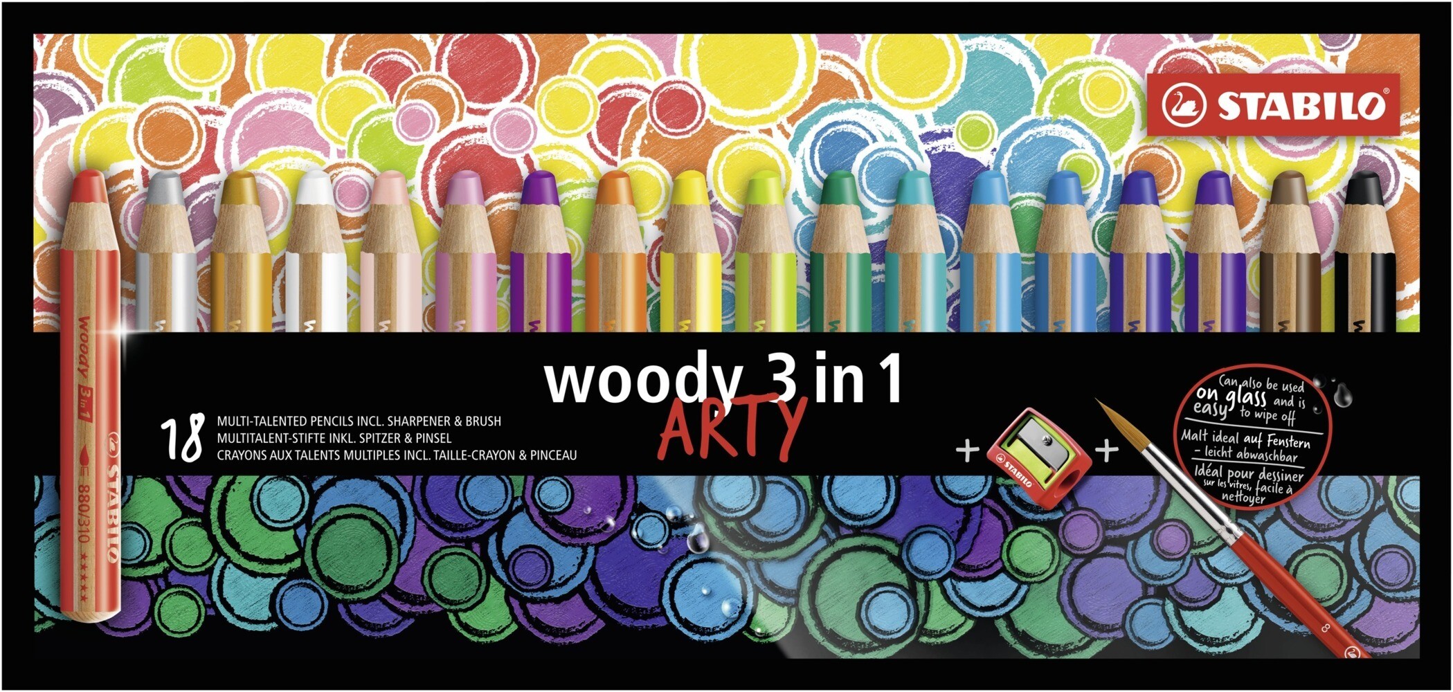 STABILO Buntstifte woody 3in1 ARTY 18er Set mit Pinsel und Spitzer