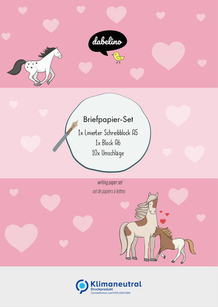 Liniertes Briefpapier-Set für Kinder: Pferde/ Ponys (rosa mit Herzen Mädchen)