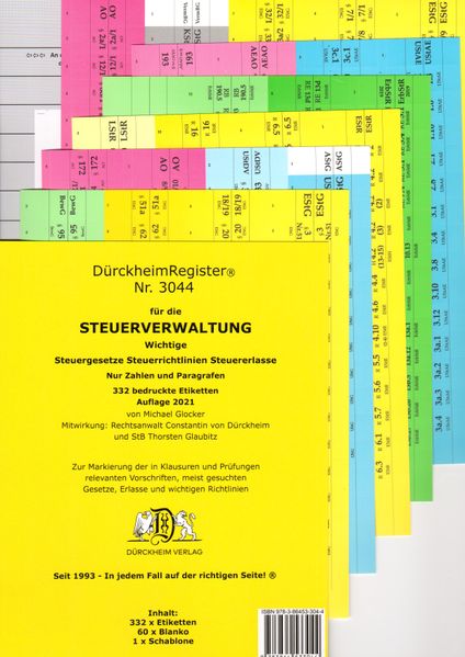 DürckheimRegister® STEUERVERWALTUNG Register für deine AO-AEAO-ErbStG/R-EStG/R-KStG/R-UStG-UStR-: nur Zahlen und §§ ohne Stichworte
