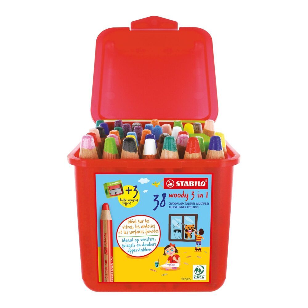 STABILO Buntstifte Wasserfarbe & Wachsmalkreide woody 3in1 38er Box und 3 Spitzer mit 13 verschiedenen Farben