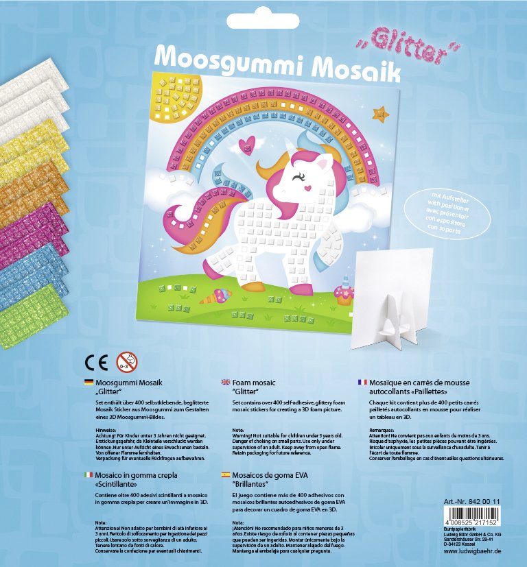 URSUS Kinder-Bastelsets Moosgummi Mosaiken Glitter Einhorn Bastelset aus Moosgummi-Stickern ca. 25x25cm