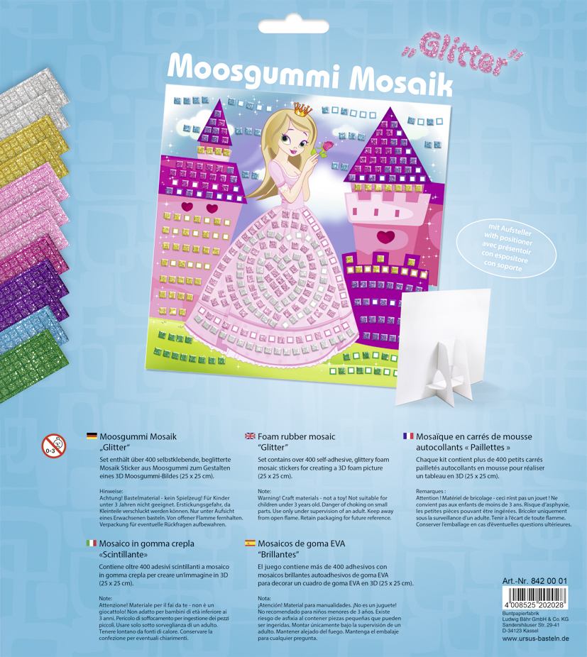 URSUS Kinder-Bastelsets Moosgummi Mosaiken Glitter Prinzessin Bastelset aus Moosgummi-Stickern ca. 25x25cm