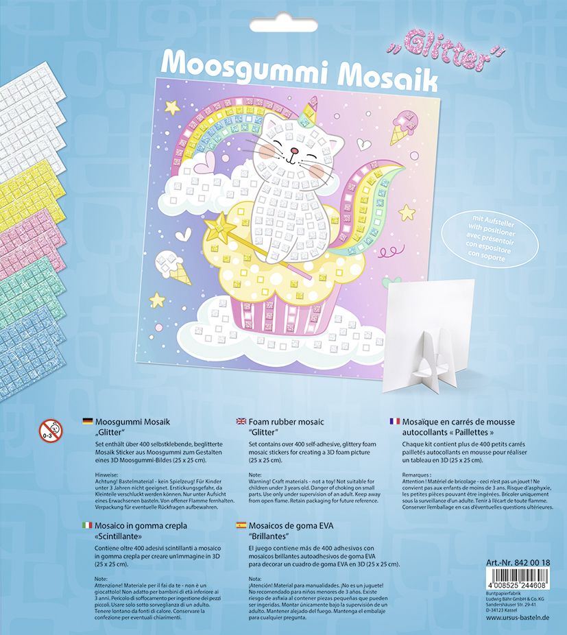 URSUS Kinder-Bastelsets Moosgummi Mosaiken Glitter Kittycorn Bastelset aus Moosgummi-Stickern ca. 25x25cm