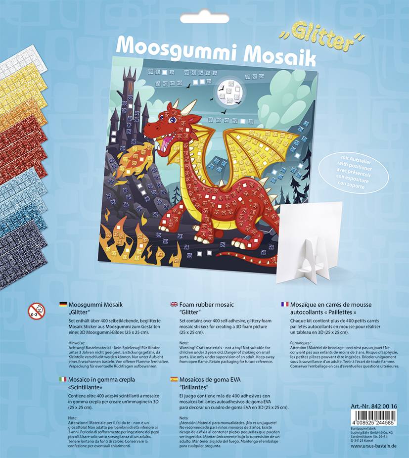 URSUS Kinder-Bastelsets Moosgummi Mosaiken Glitter Drache Bastelset aus Moosgummi-Stickern ca. 25x25cm