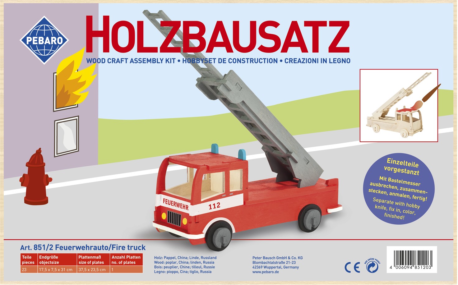PEBARO 851/2 - Holzbausatz Feuerwehrauto 23 Teile Holzkonstruktion zum Zusammenstecken