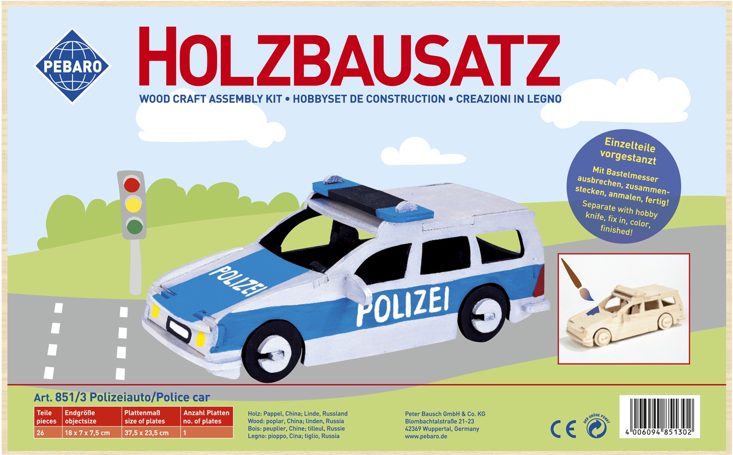 PEBARO 851/3 - Holzbausatz Polizeiauto 26 Teile Holzkonstruktion zum Zusammenstecken