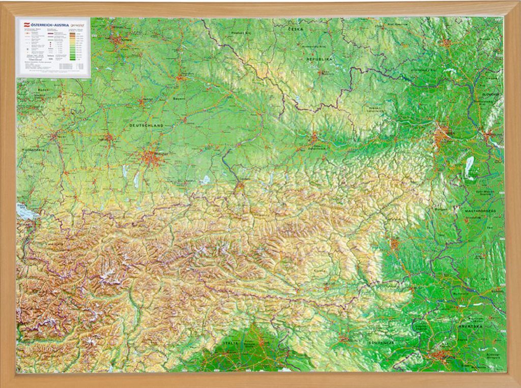 Österreich Reliefkarte 1:8.000.000 mit Naturholzrahmen