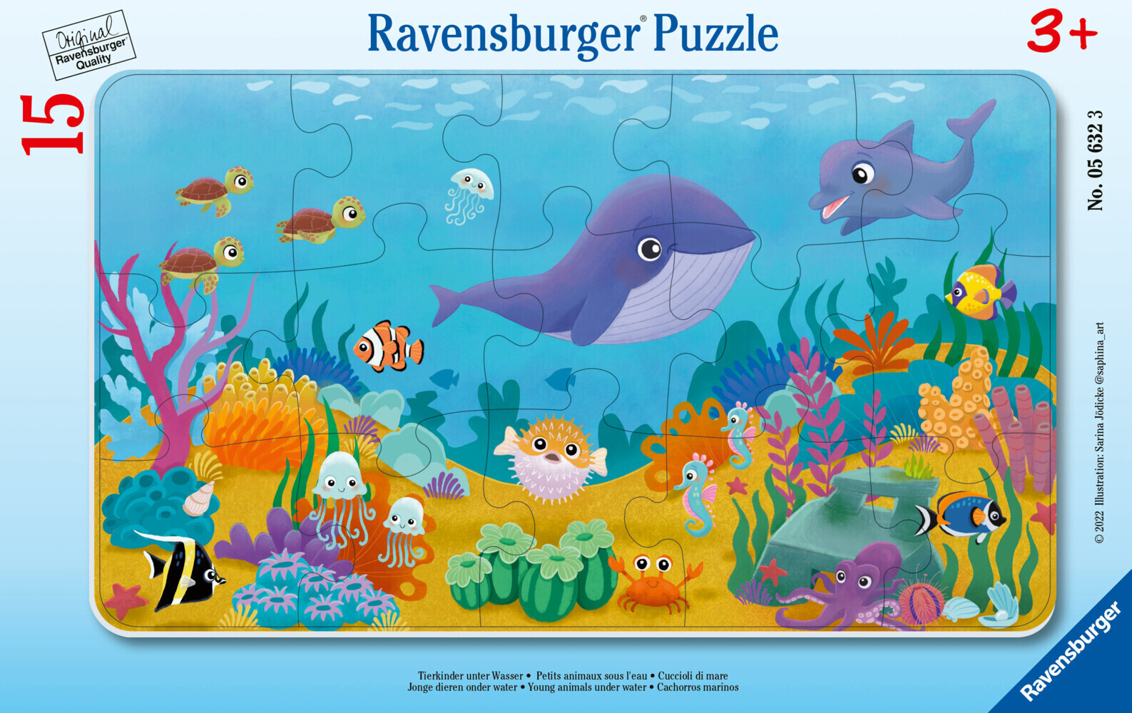 Ravensburger Kinderpuzzle - Tierkinder unter Wasser - 15 Teile Rahmenpuzzle für Kinder ab 3 Jahren