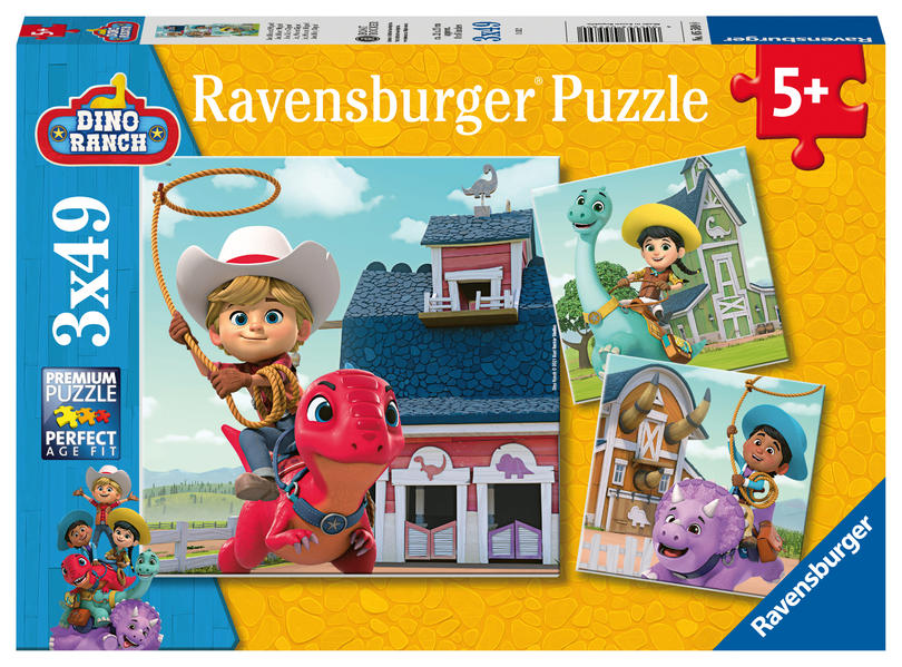 Ravensburger Kinderpuzzle 05589 - Jon Min und Miguel - 3x49 Teile Dino Ranch Puzzle für Kinder ab 5 Jahren
