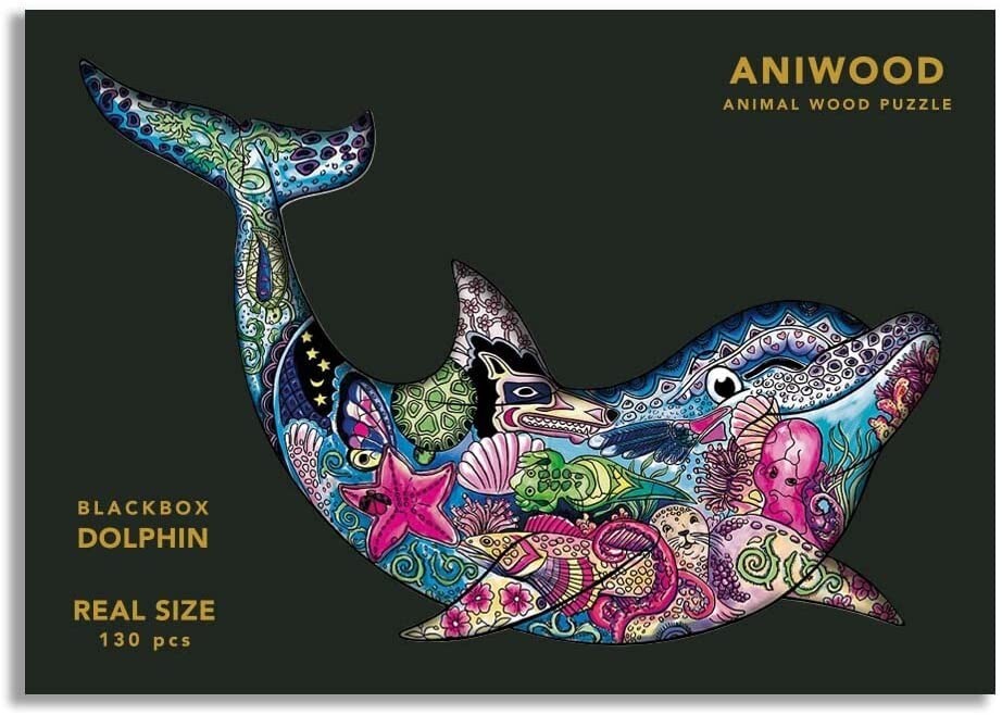 Aniwood J6107M - Animal Wood Puzzle Blackbox Dolphin M Delfin Holz-Puzzle 130 Teile