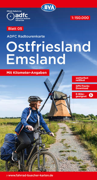 ADFC-Radtourenkarte 5 Ostfriesland / Emsland 1:150.000 reiß- und wetterfest E-Bike geeignet GPS-Tracks Download mit Bett+Bike-Symbolen mit Kilometer-Angaben