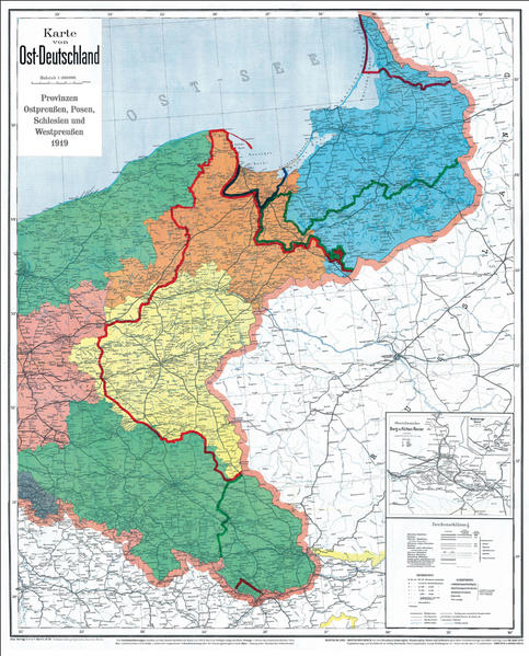 Historische Karte: DEUTSCHES REICH - Provinzen Ostpreußen Westpreußen Posen und Schlesien nach dem 28. Juni 1919 (gerollt)