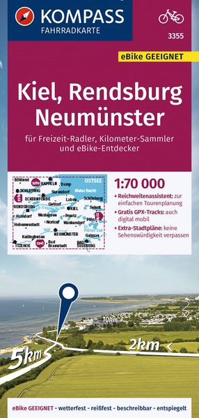 KOMPASS Fahrradkarte 3355 Kiel Rendsburg Neumünster 1:70.000