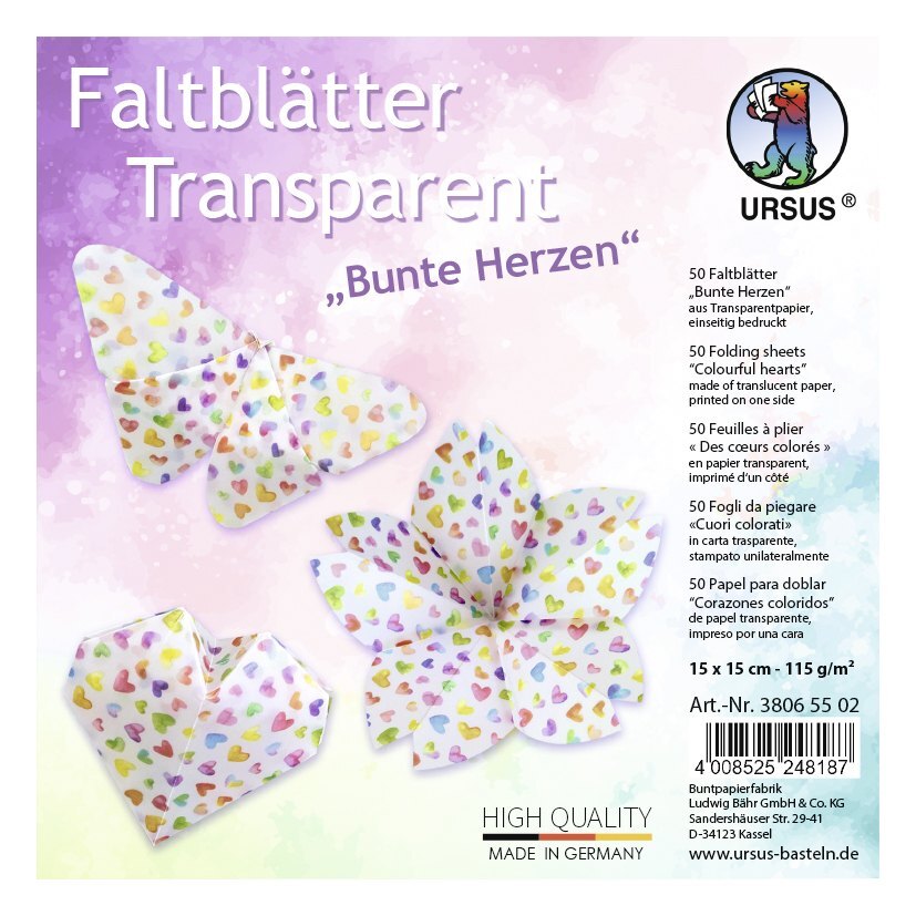 URSUS Falten Transparentpapier-Faltblätter Bunte Herzen 115 g/m² 15 x 15 cm sortiert