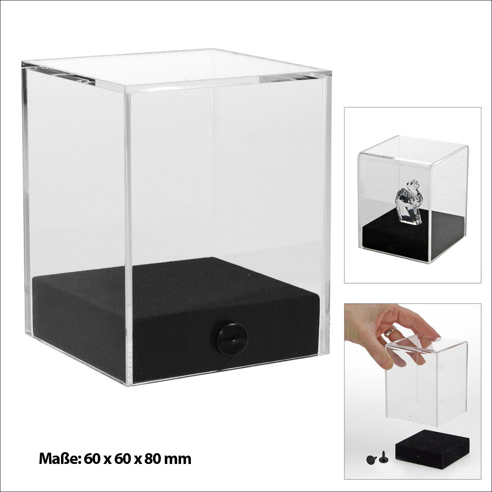 Hochwertige Acryl-Box Format ca. 60 x 60 x 80 mm mit edlem schwarzen Sockel zum Verschrauben für