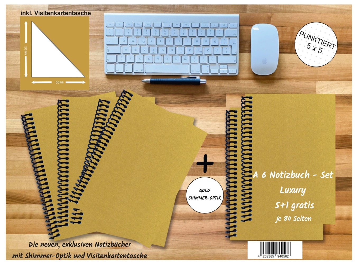 A 6 Notizbuch - Set 4+2 gratis Luxury 80 Seiten GOLD GMUND SHIMMER punktiert 5x5mm
