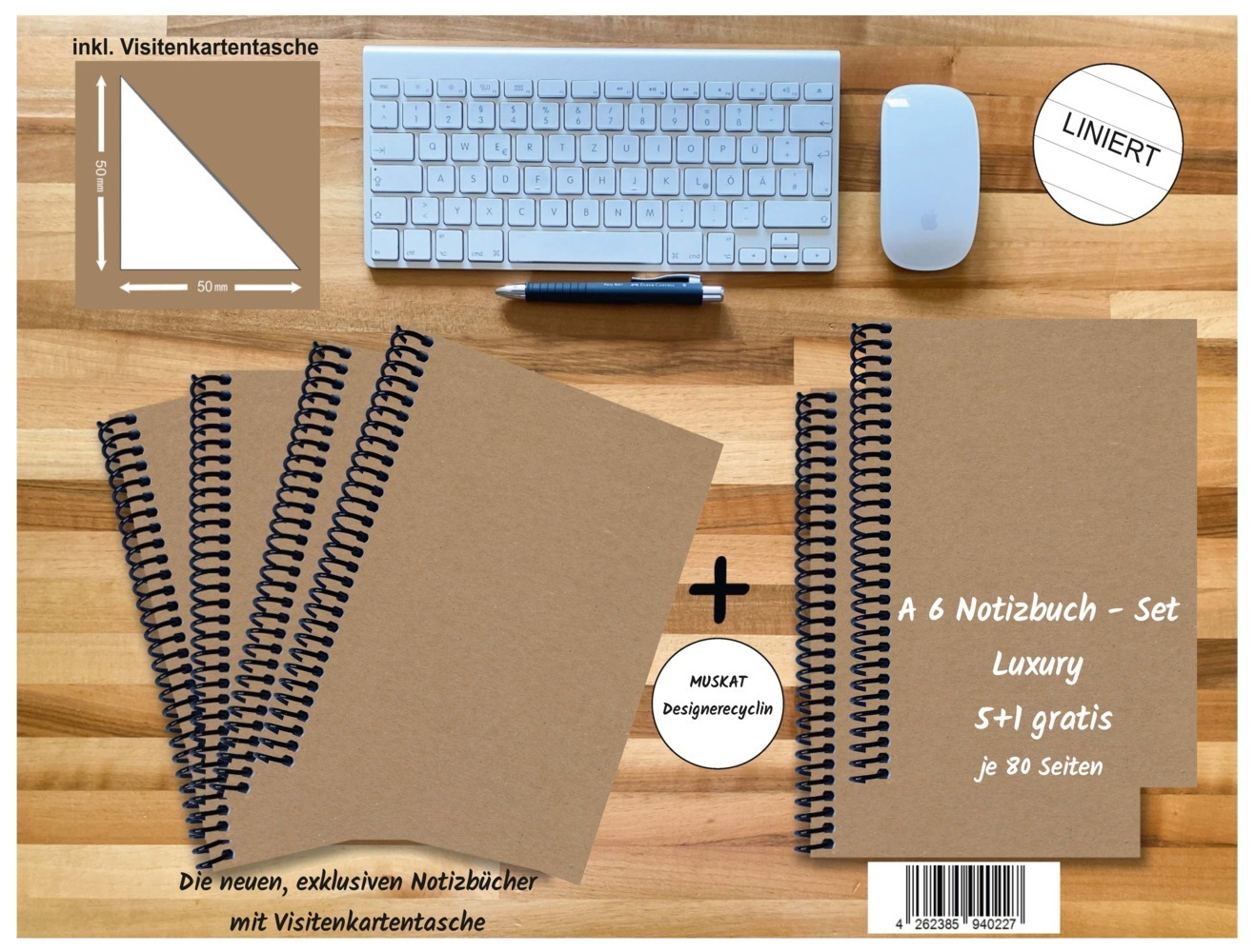 A 6 Notizbuch - Set 4+2 gratis Luxury 80 Seiten MUSKAT Designerecycling liniert