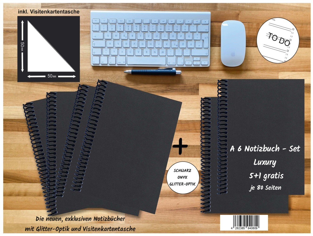 A 6 Notizbuch - Set 4+2 gratis Luxury 80 Seiten SCHWARZ ONYX GLITTER-OPTIK to do