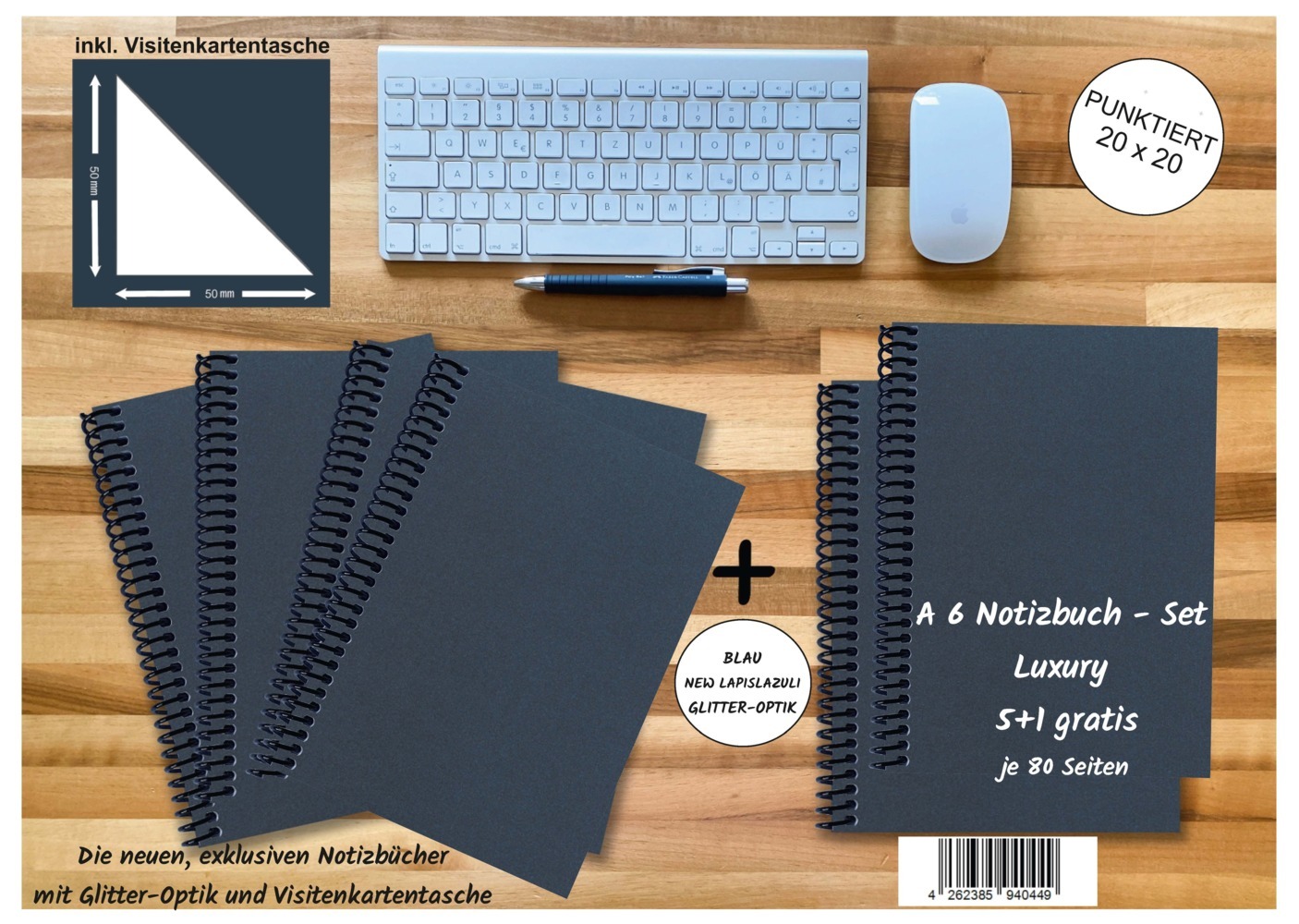 A 6 Notizbuch - Set 4+2 gratis Luxury 80 Seiten BLAU NEW LAPISLAZULI GLITTER-OPTIK punktiert 20x2