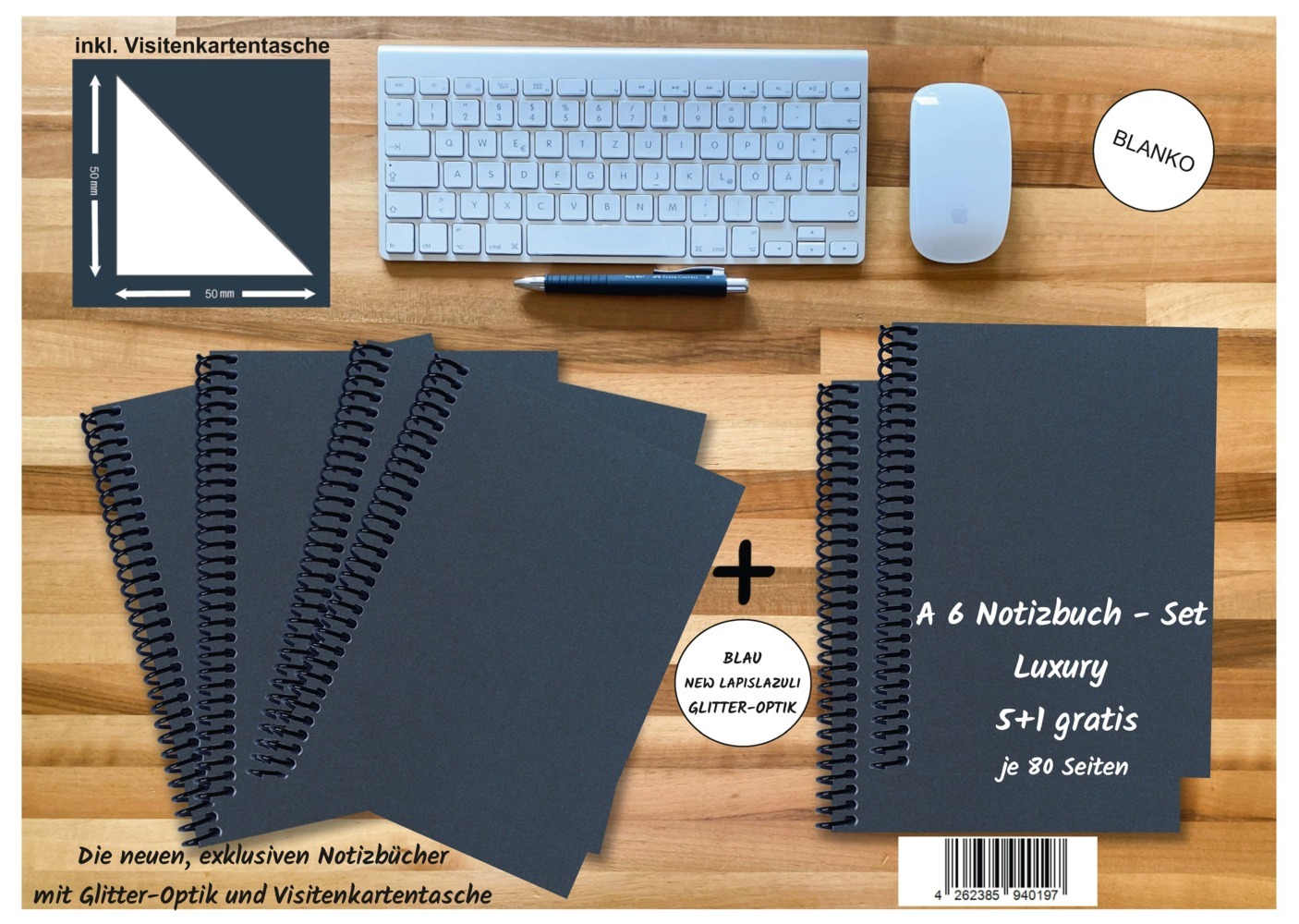 A 6 Notizbuch - Set 4+2 gratis Luxury 80 Seiten BLAU NEW LAPISLAZULI GLITTER-OPTIK blanko