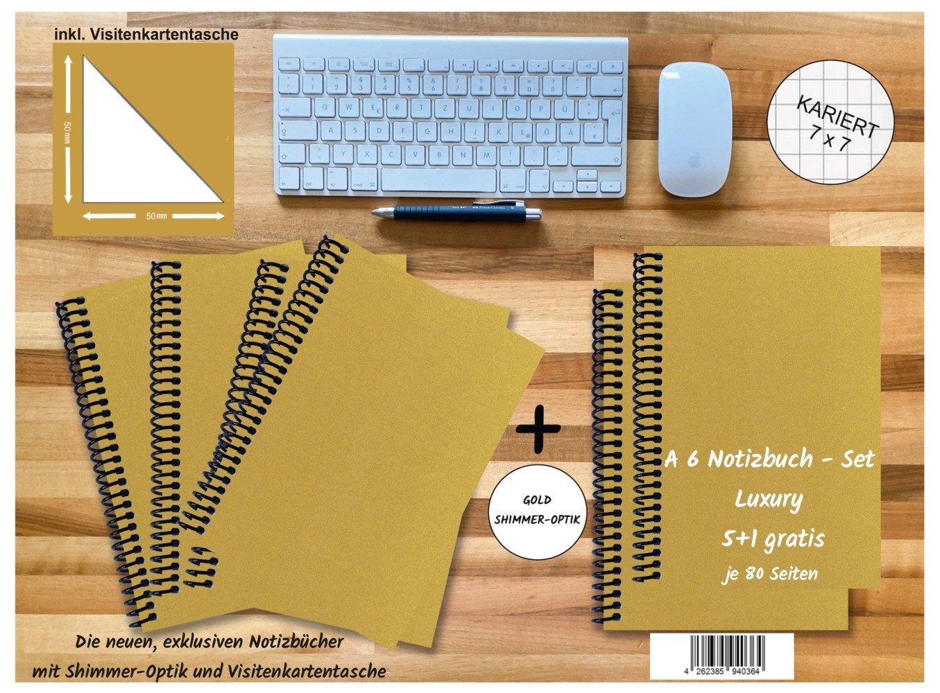 A 6 Notizbuch - Set 4+2 gratis Luxury 80 Seiten GOLD GMUND SHIMMER kariert 7x7mm