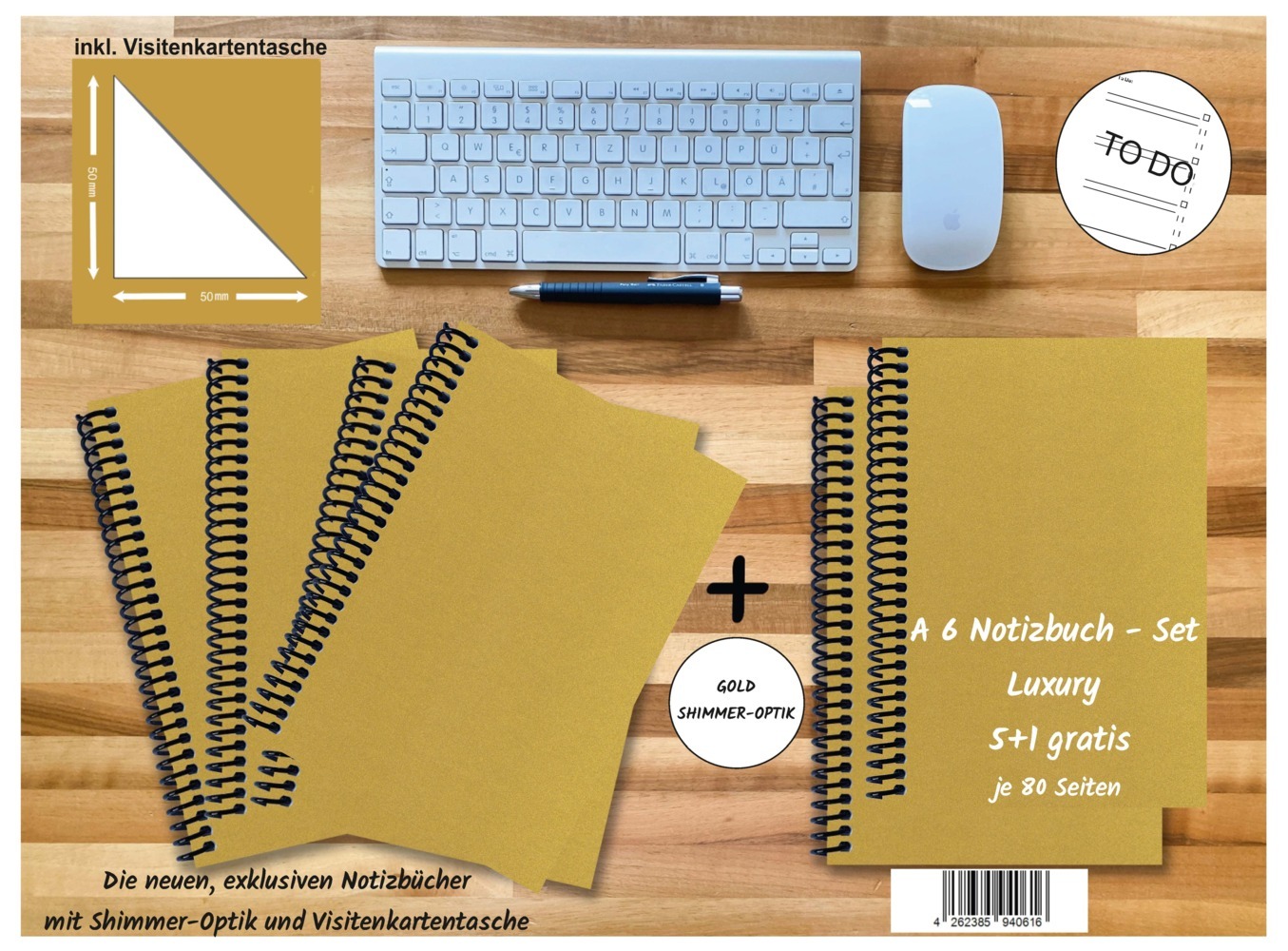 A 6 Notizbuch - Set 4+2 gratis Luxury 80 Seiten GOLD GMUND SHIMMER to do